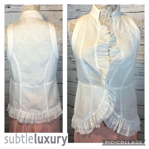 Subtle Luxury Linen White sleevless top with ruffels and high neck size small - Picture 2 of 12